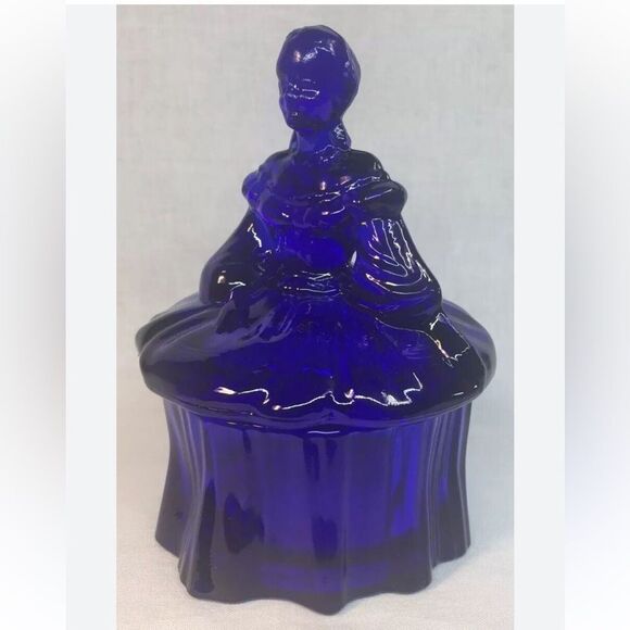 Mosser Cobalt Blue Art Glass Lady Powder Box Retired Piece (#176) Collectors - Picture 1 of 8